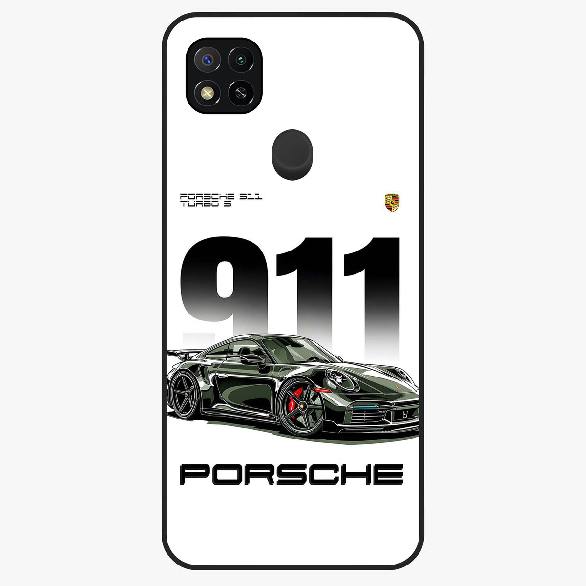 911 Turbo Dominance Glass Case showing clean flat back view with bold 911 sports car artwork and glossy glass finish.