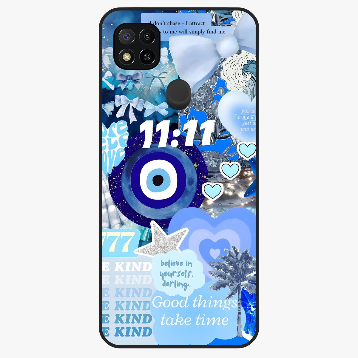 Aesthetic Be Kind Eye Glass Case showing flat back view with motivational eye artwork and glossy glass finish.
