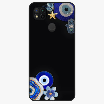 Aesthetic Blue Evil Eye Glass Case showing flat back view with protective evil eye artwork and glossy glass finish.