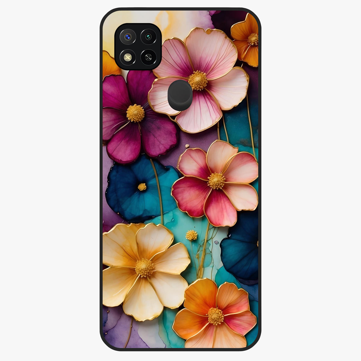 Artlyn Grace Flower Pattern Glass Case showing flat back view with elegant floral pattern artwork and glossy glass finish.