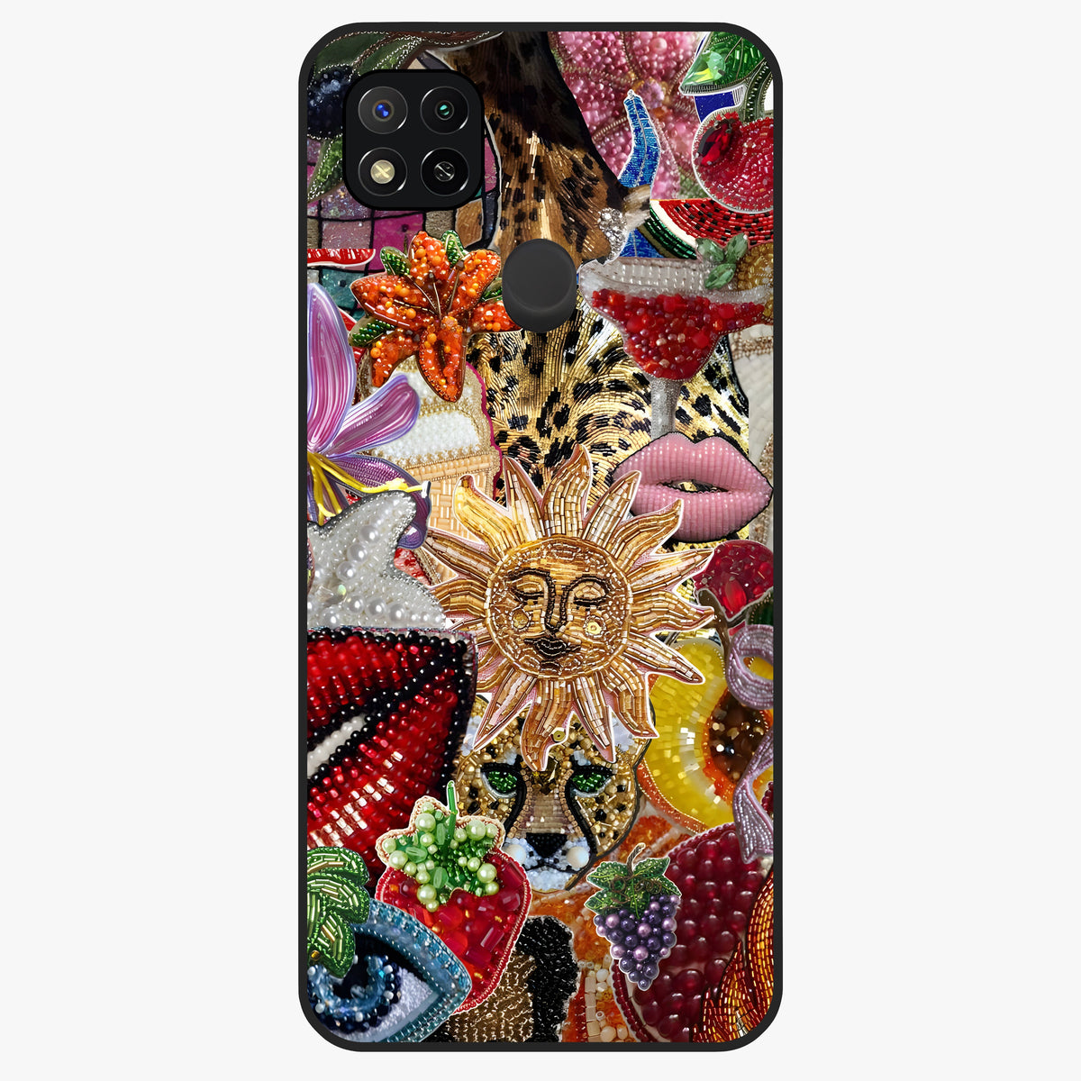 Beaded Fashion Jungle Glass Case showing flat back view with vibrant jungle inspired bead artwork and glossy glass finish.