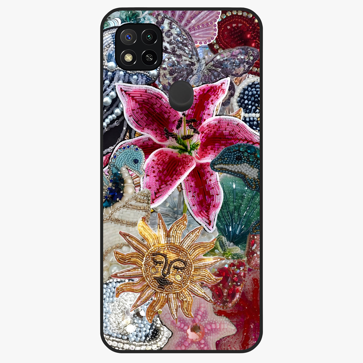 Beaded Garden Fantasy Glass Case showing flat back view with dreamy garden bead artwork and glossy glass finish.