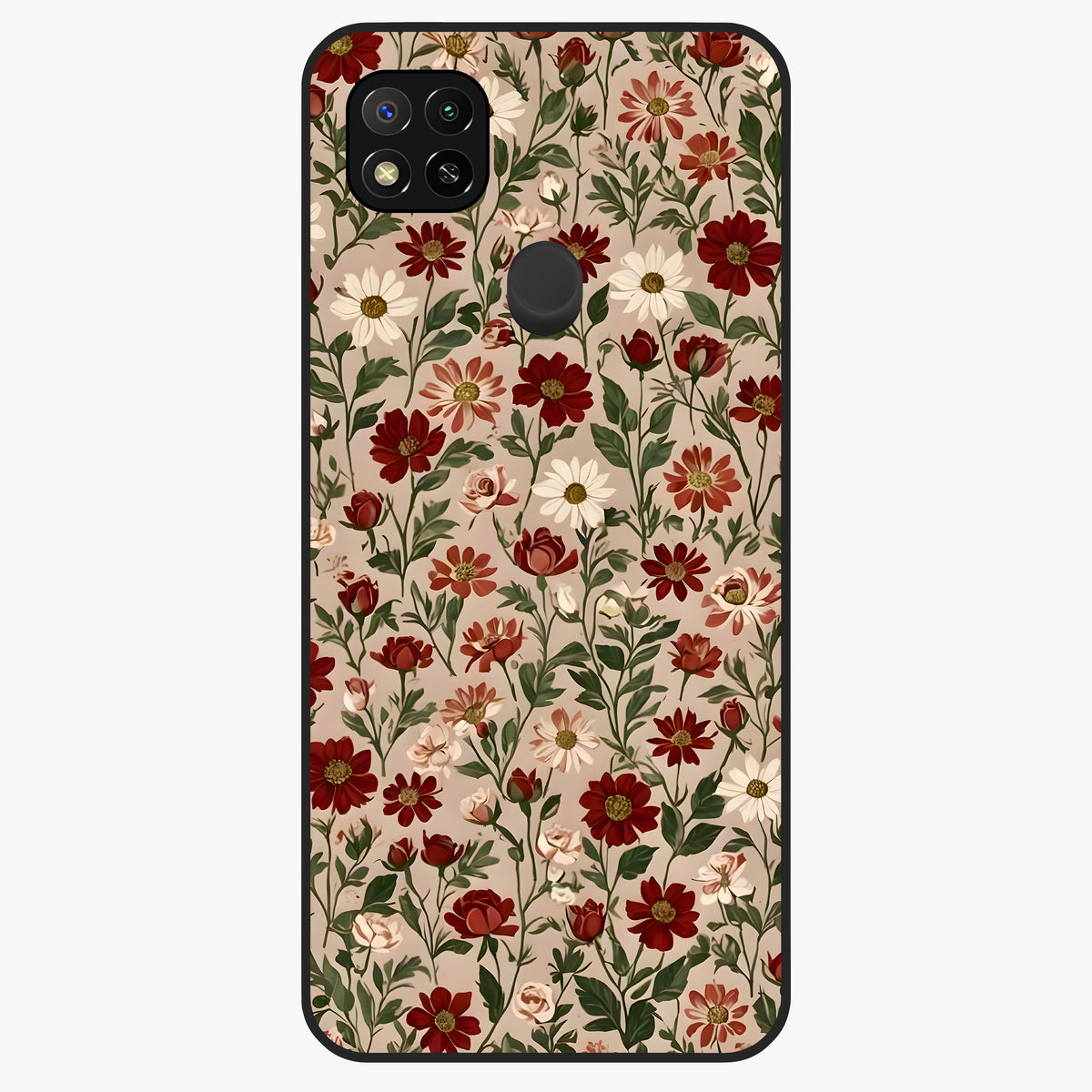 Biege Flower With Leaf Glass Case showing flat back view with soft beige floral artwork and glossy glass finish.
