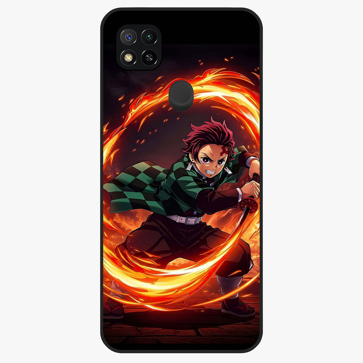 Blazing Sword Resolve Glass Case showing flat back view with fiery sword artwork and glossy glass finish.