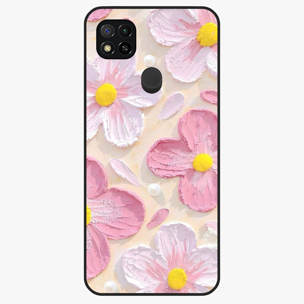 Blush Bloom Texture Glass Case showing flat back view with soft blush floral texture artwork and glossy glass finish.