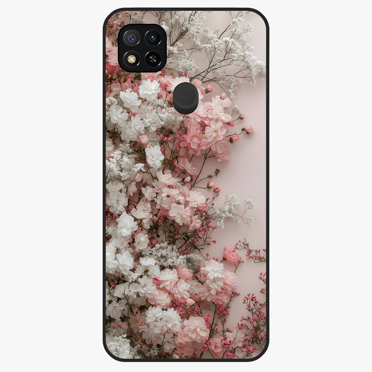 Blush Blossom Cloud Glass Case showing flat back view with dreamy blush cloud blossom artwork and glossy glass finish.