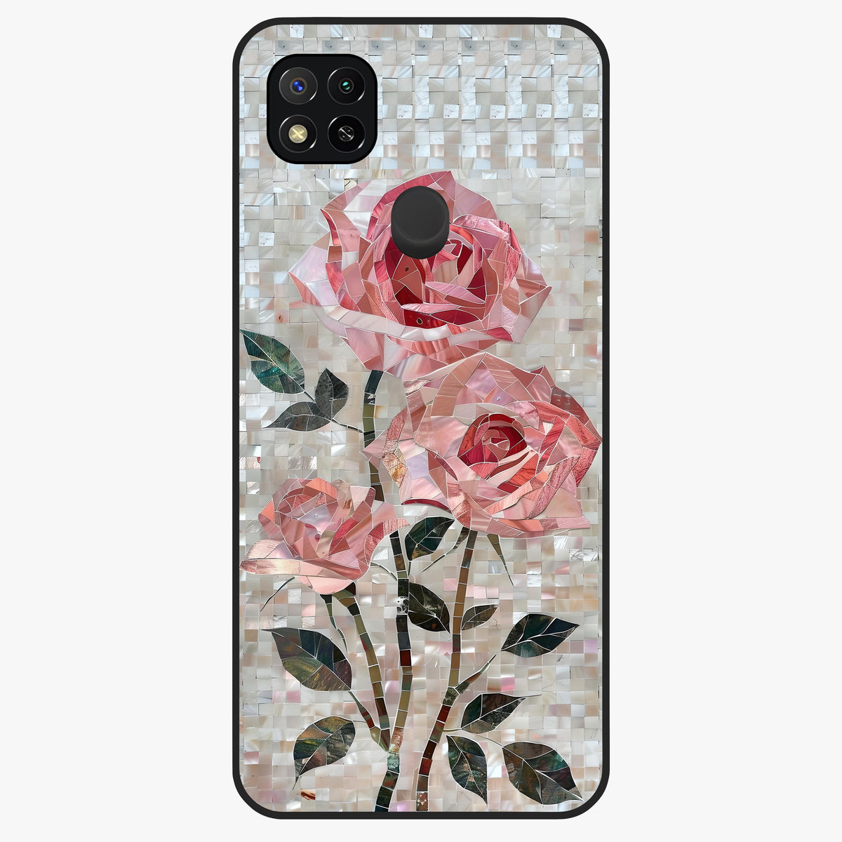 Blush Mosaic Bloom Glass Case showing flat back view with mosaic floral bloom artwork and glossy glass finish.
