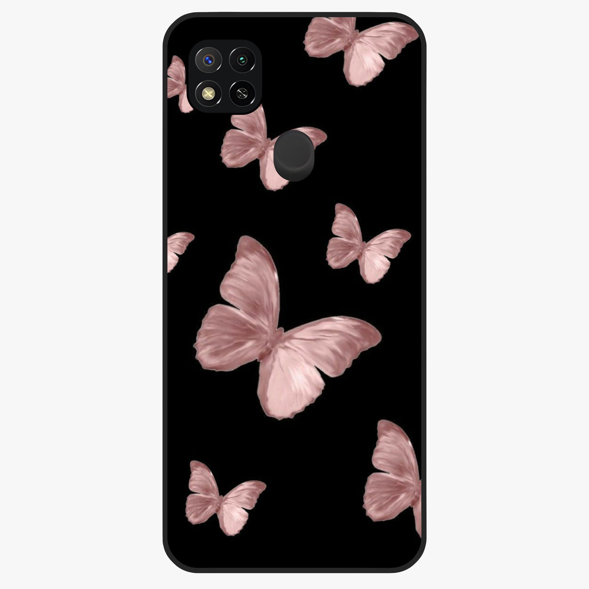 Butterfly Pattern Glass Case showing flat back view with elegant butterfly pattern artwork and glossy glass finish.