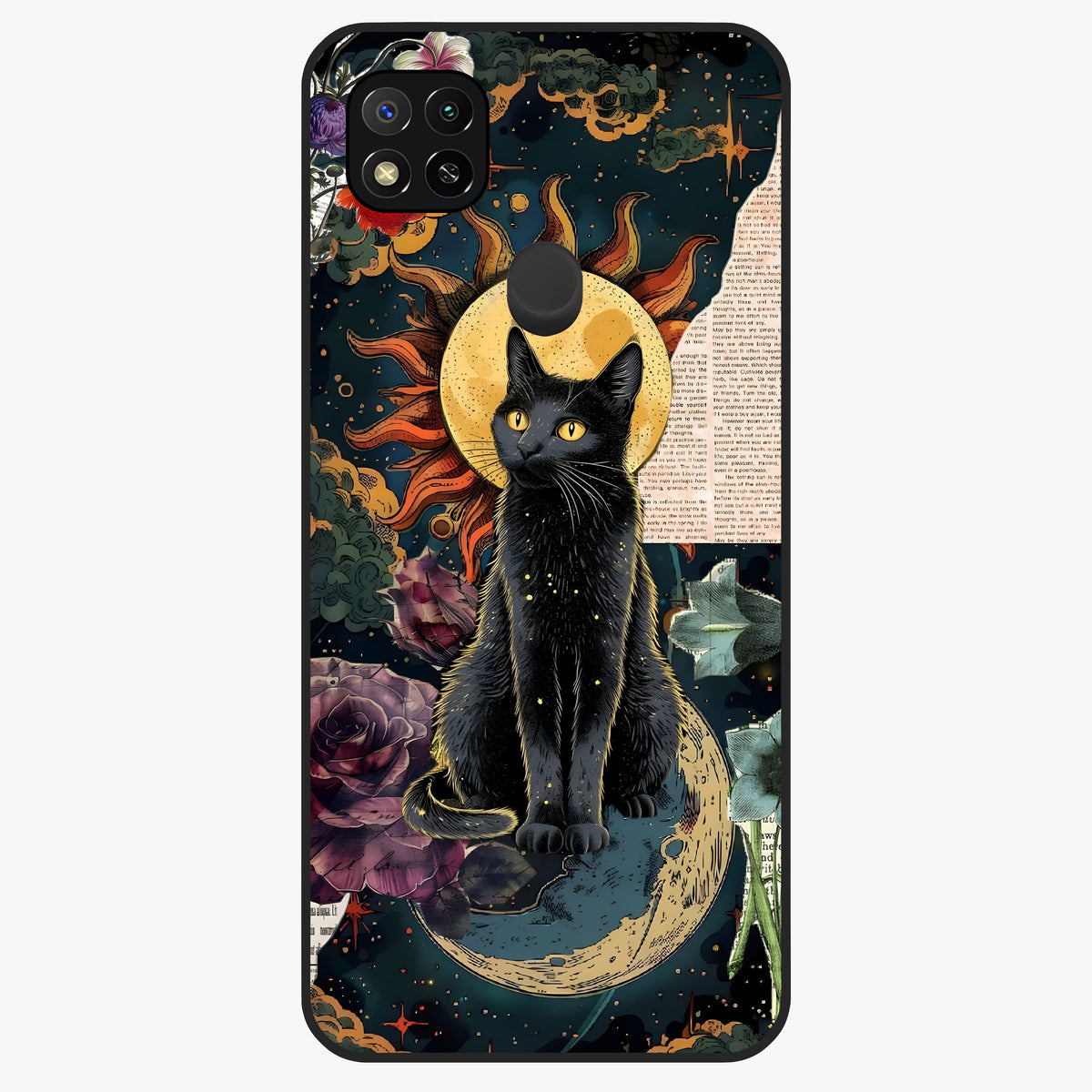 Celestial Black Cat Glass Case showing flat back view with mystical black cat artwork and glossy glass finish.