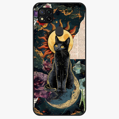 Celestial Black Cat Glass Case showing flat back view with mystical black cat artwork and glossy glass finish.