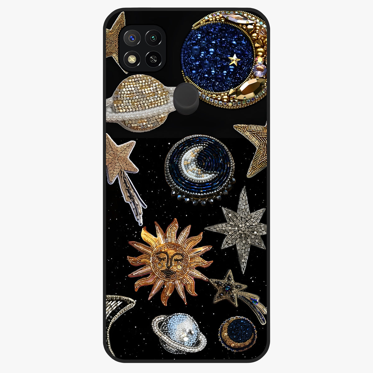 Celestial Gem Constellations Glass Case showing flat back view with sparkling constellation artwork and glossy glass finish.