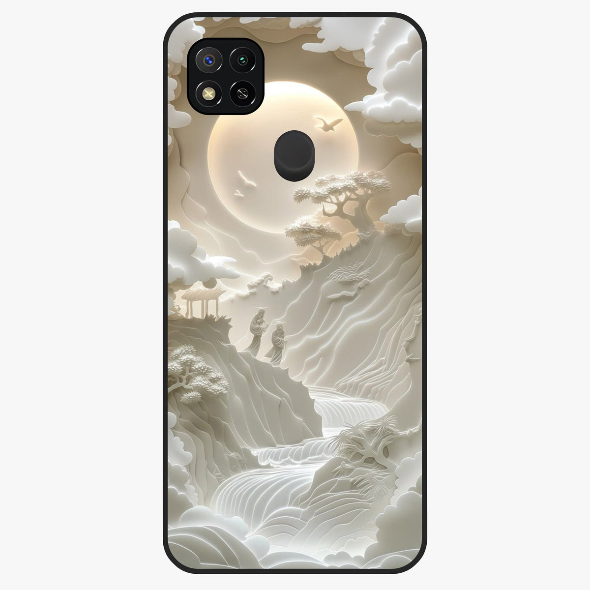 Celestial Origami Glass Case showing flat back view with artistic origami inspired celestial artwork and glossy glass finish.