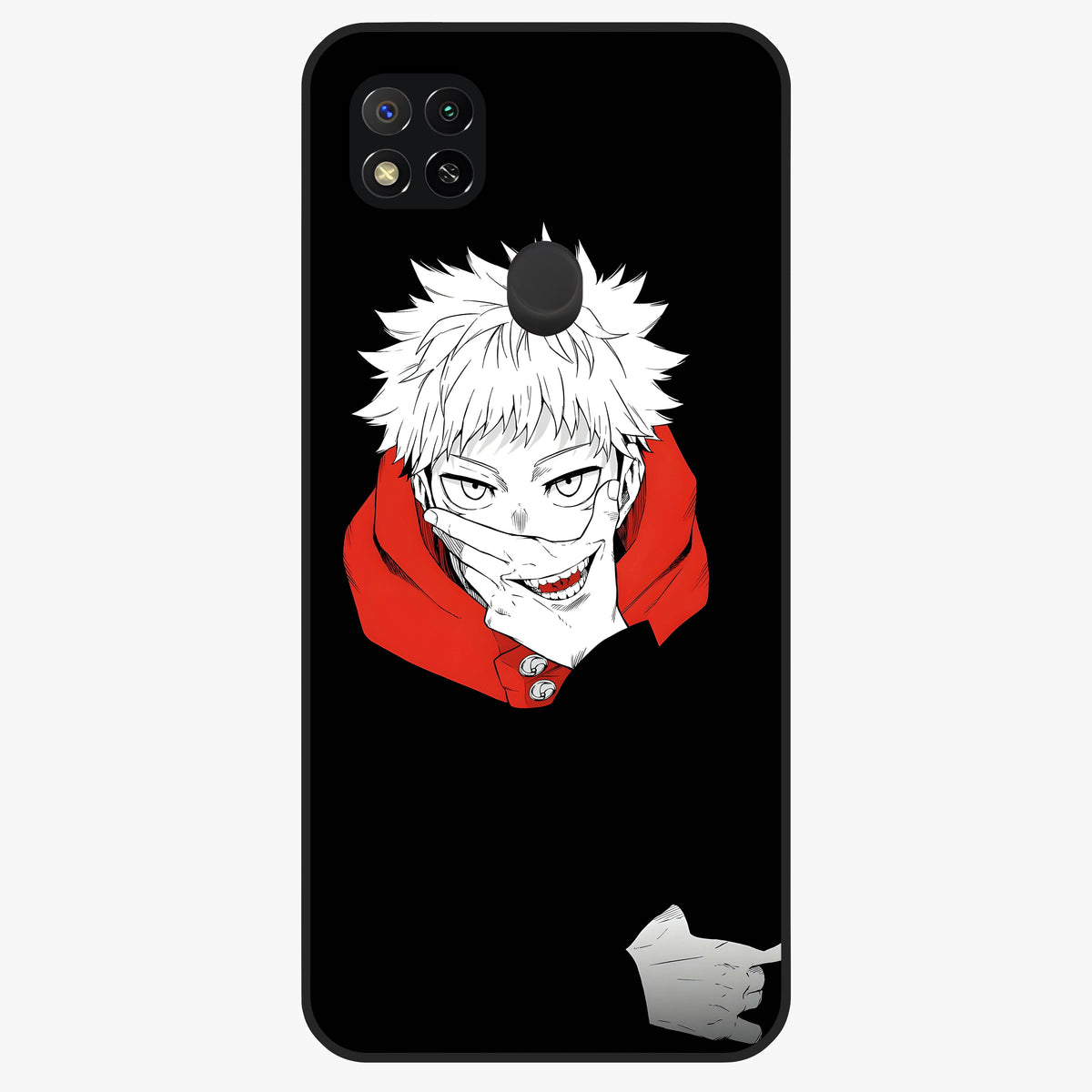 Crimson Chaos Smile Glass Case showing flat back view with bold chaotic smile artwork and glossy glass finish.