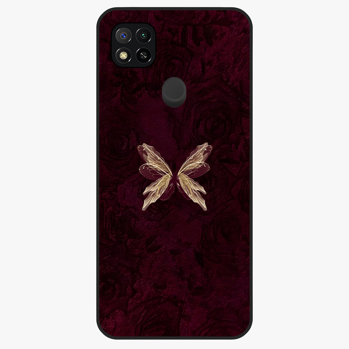 Crimson Fade Butterfly Glass Case showing flat back view with fading butterfly artwork and glossy glass finish.