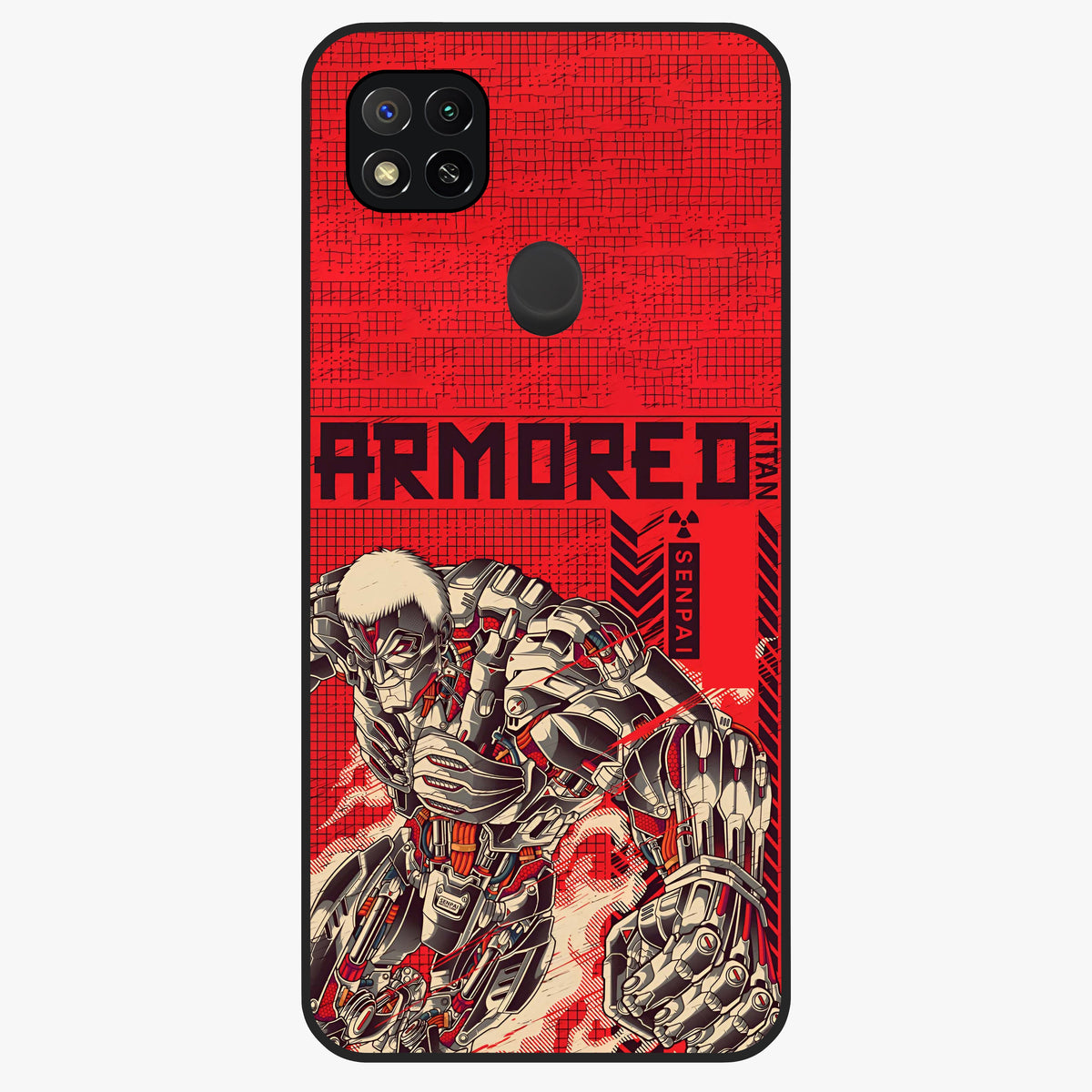 Crimson Mecha Titan Glass Case showing flat back view with powerful mech titan artwork and glossy glass finish.