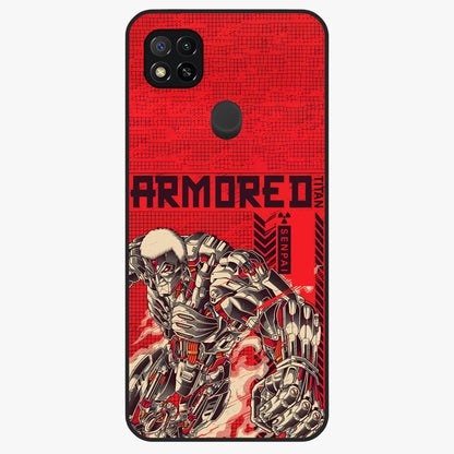 Crimson Mecha Titan Glass Case showing flat back view with powerful mech titan artwork and glossy glass finish.