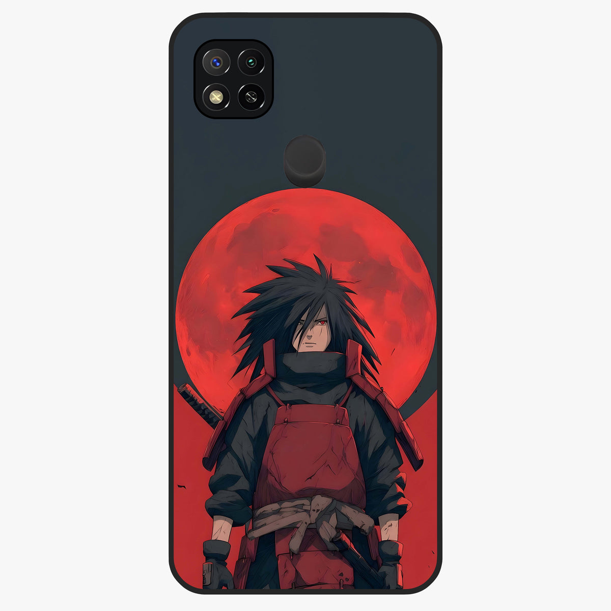 Crimson Moon Warlord Glass Case showing flat back view with mystical moon warrior artwork and glossy glass finish.