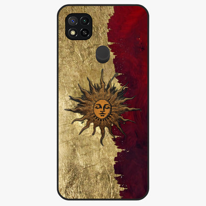 Crimson Sun Majesty Glass Case showing flat back view with radiant sun inspired artwork and glossy glass finish.