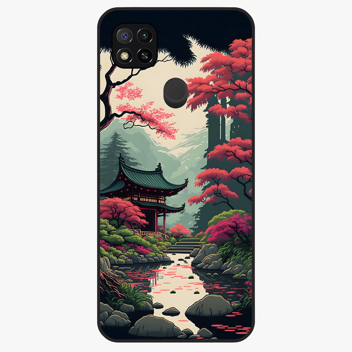 Crimson Temple View Glass Case showing flat back view with temple inspired artwork and glossy glass finish.