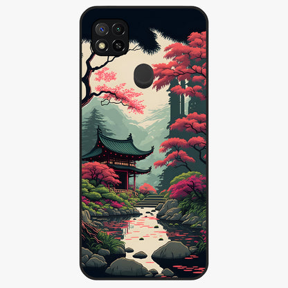 Crimson Temple View Glass Case showing flat back view with temple inspired artwork and glossy glass finish.