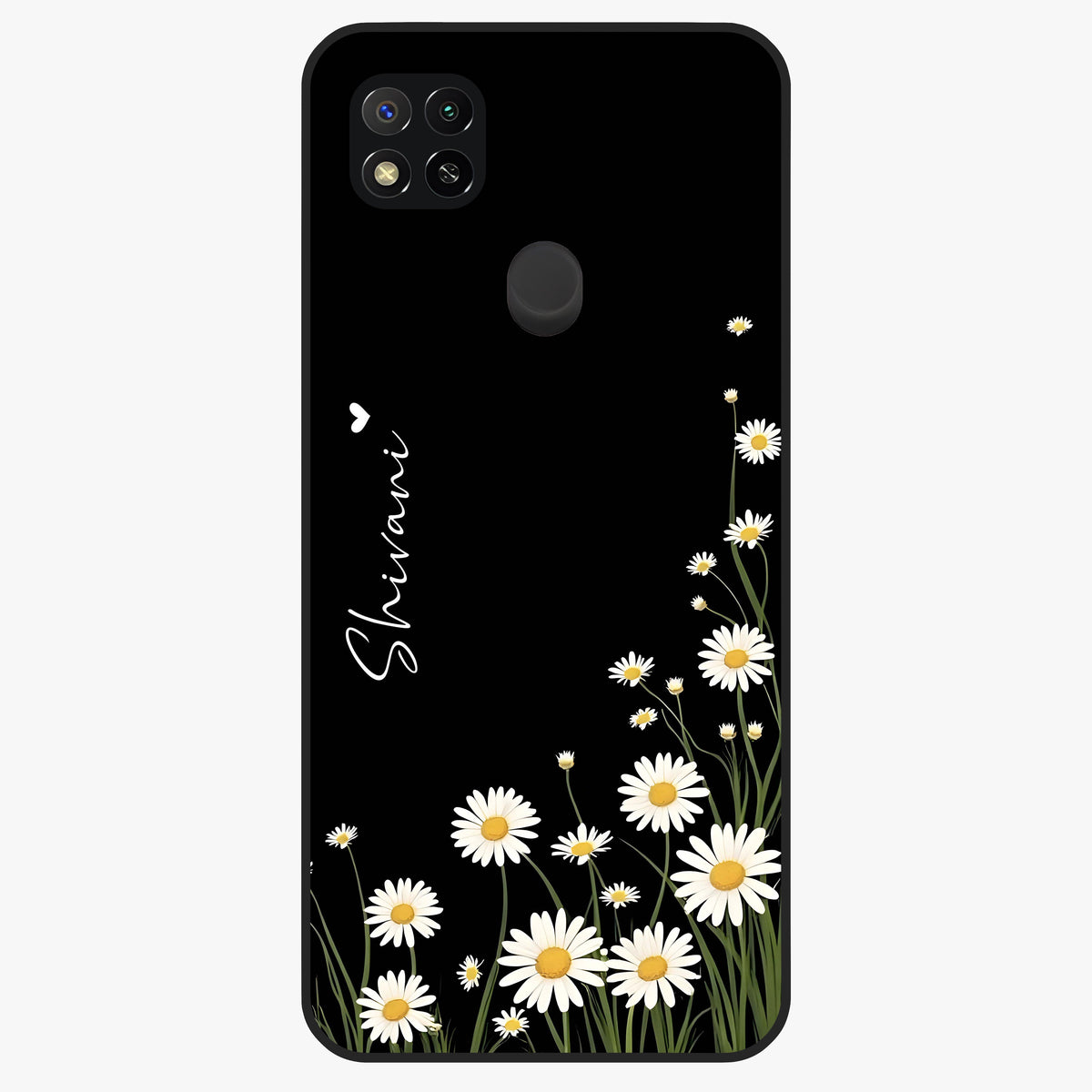 Daisy Cascade Custom Name Glass Case showing flat back view with cascading daisy flowers and personalized name design.
