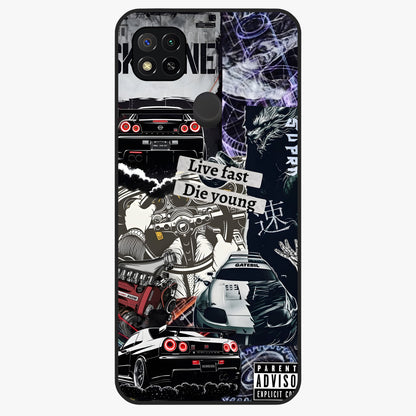 Die Young Glass Case showing flat back view with bold artistic typography design and glossy glass finish.