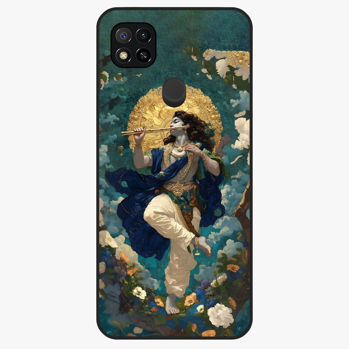 Divine Krishna Art Glass Case showing flat back view with Lord Krishna artwork and glossy glass finish.