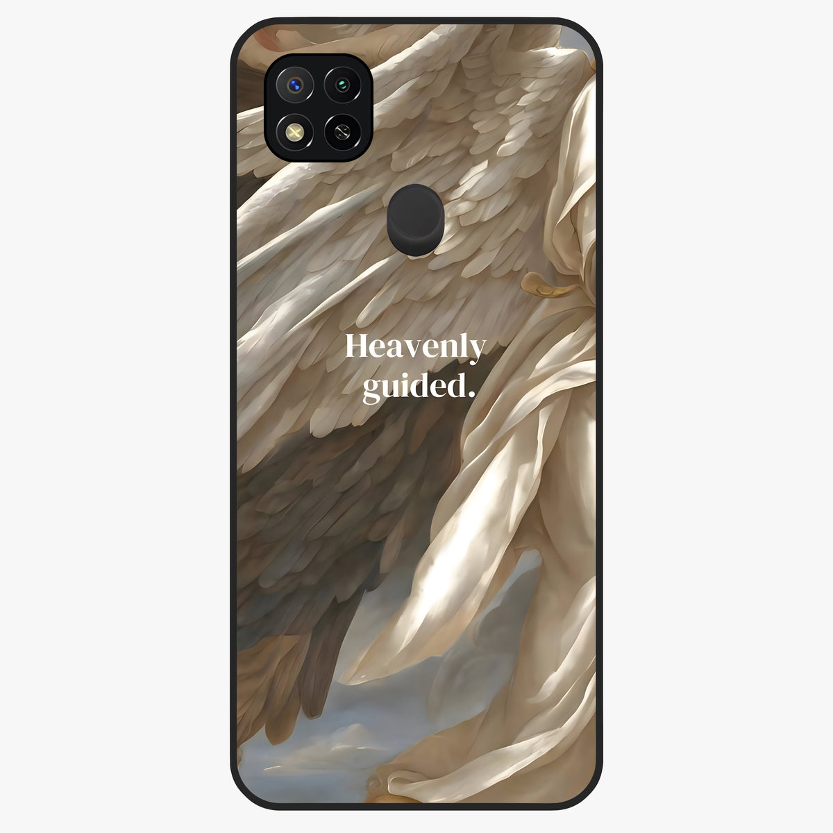 Divine Winged Grace Glass Case showing flat back view with elegant wing inspired artwork and glossy glass finish.