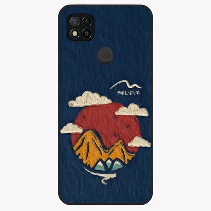 Dream Beyond Mountains Glass Case showing flat back view with scenic mountain landscape artwork and glossy glass finish.