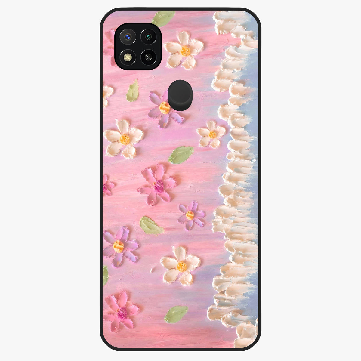 Dreamy Painted Garden Glass Case showing flat back view with artistic painted floral garden artwork and glossy glass finish.
