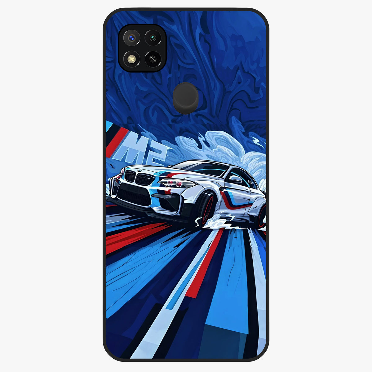 Drift Power Rush Glass Case showing flat back view with dynamic racing inspired artwork and glossy glass finish.