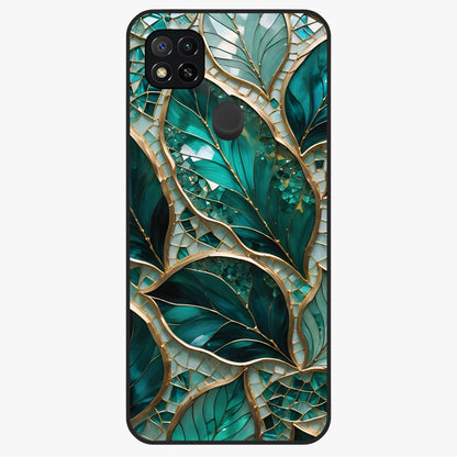 Emerald Leaf Glass Glass Case showing flat back view with emerald green leaf artwork and glossy glass finish.