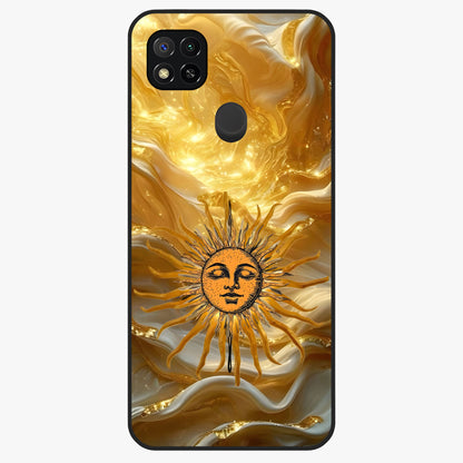 Eternal Golden Glow Glass Case showing flat back view with radiant golden themed artwork and glossy glass finish.