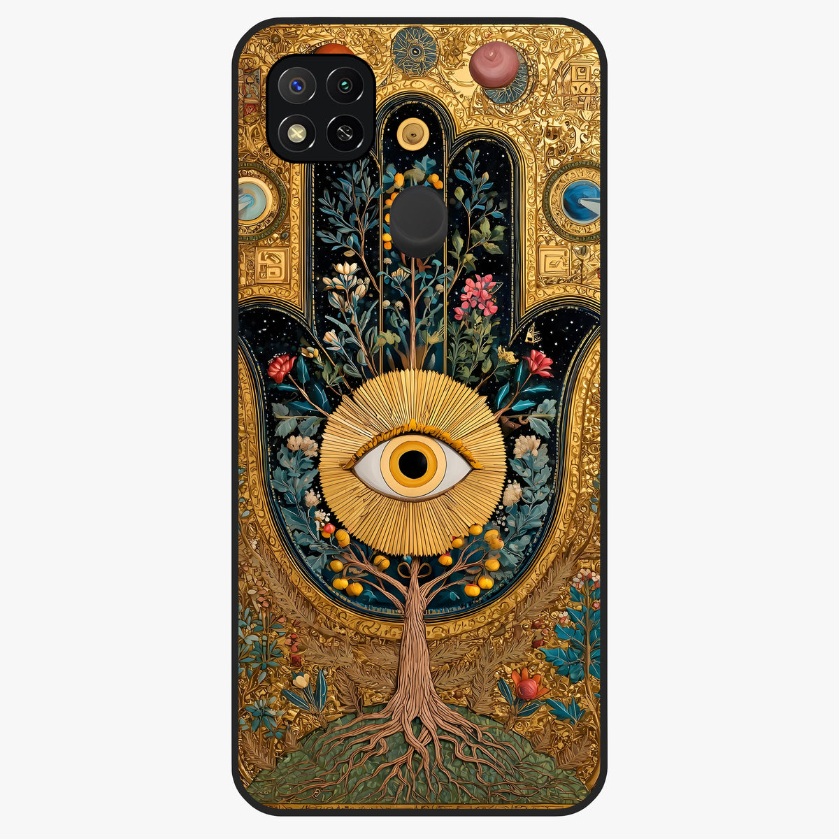 Ethereal Evil Eye Glass Case showing flat back view with mystical evil eye artwork and glossy glass finish.