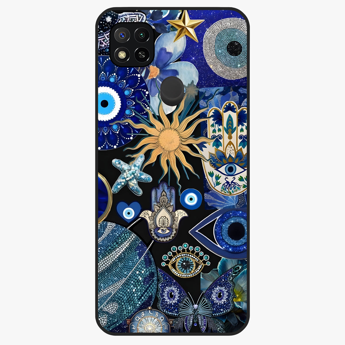 Evil Eye Charm Mix Glass Case showing flat back view with multiple evil eye charms artwork and glossy glass finish.