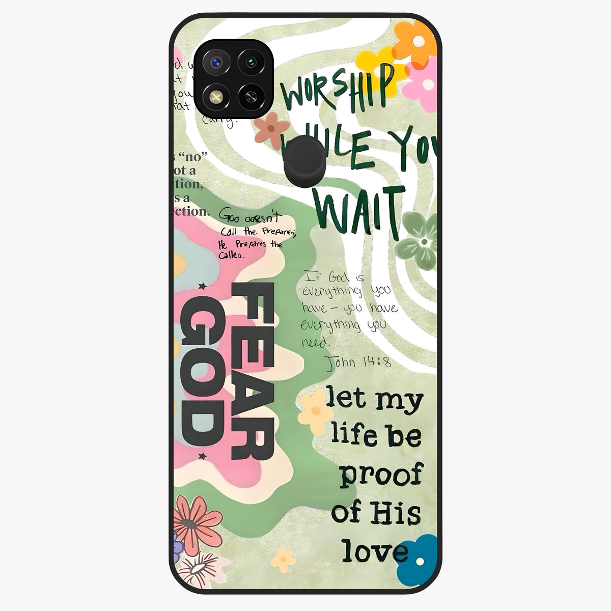 Faith Over Fear Glass Case showing flat back view with motivational typography artwork and glossy glass finish.