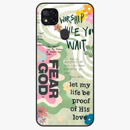 Faith Over Fear Glass Case showing flat back view with motivational typography artwork and glossy glass finish.