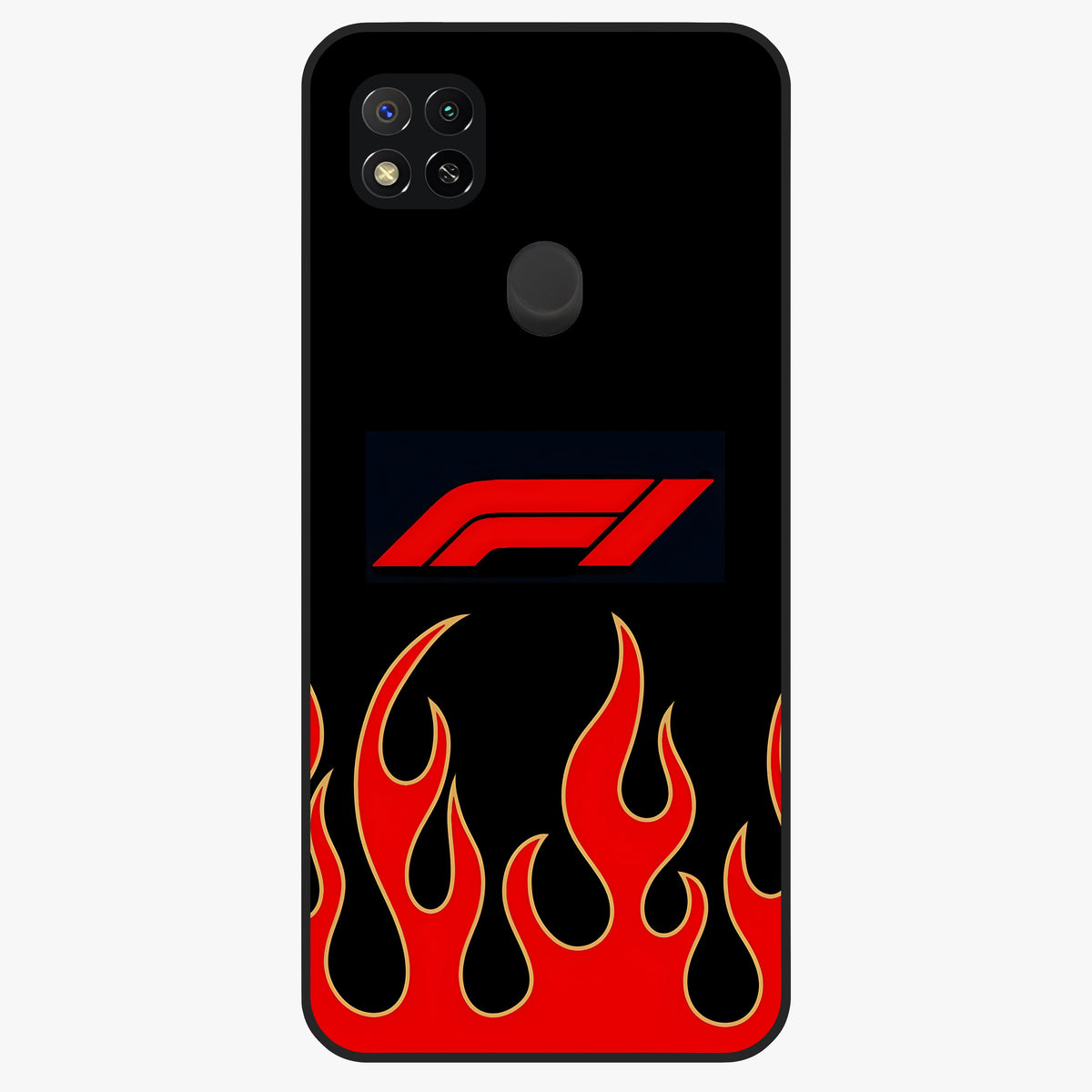 Fire F11 Glass Case showing flat back view with fiery themed artwork and glossy glass finish.