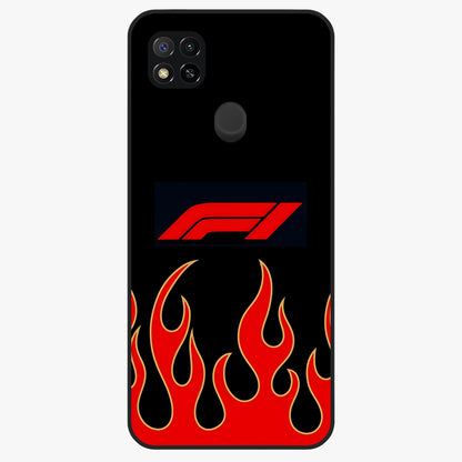 Fire F11 Glass Case showing flat back view with fiery themed artwork and glossy glass finish.