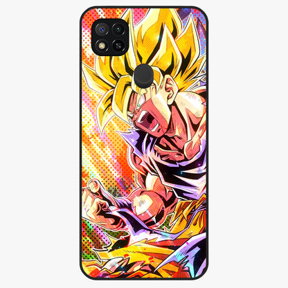 Firing Goku Glass Case showing flat back view with powerful anime inspired artwork and glossy glass finish.