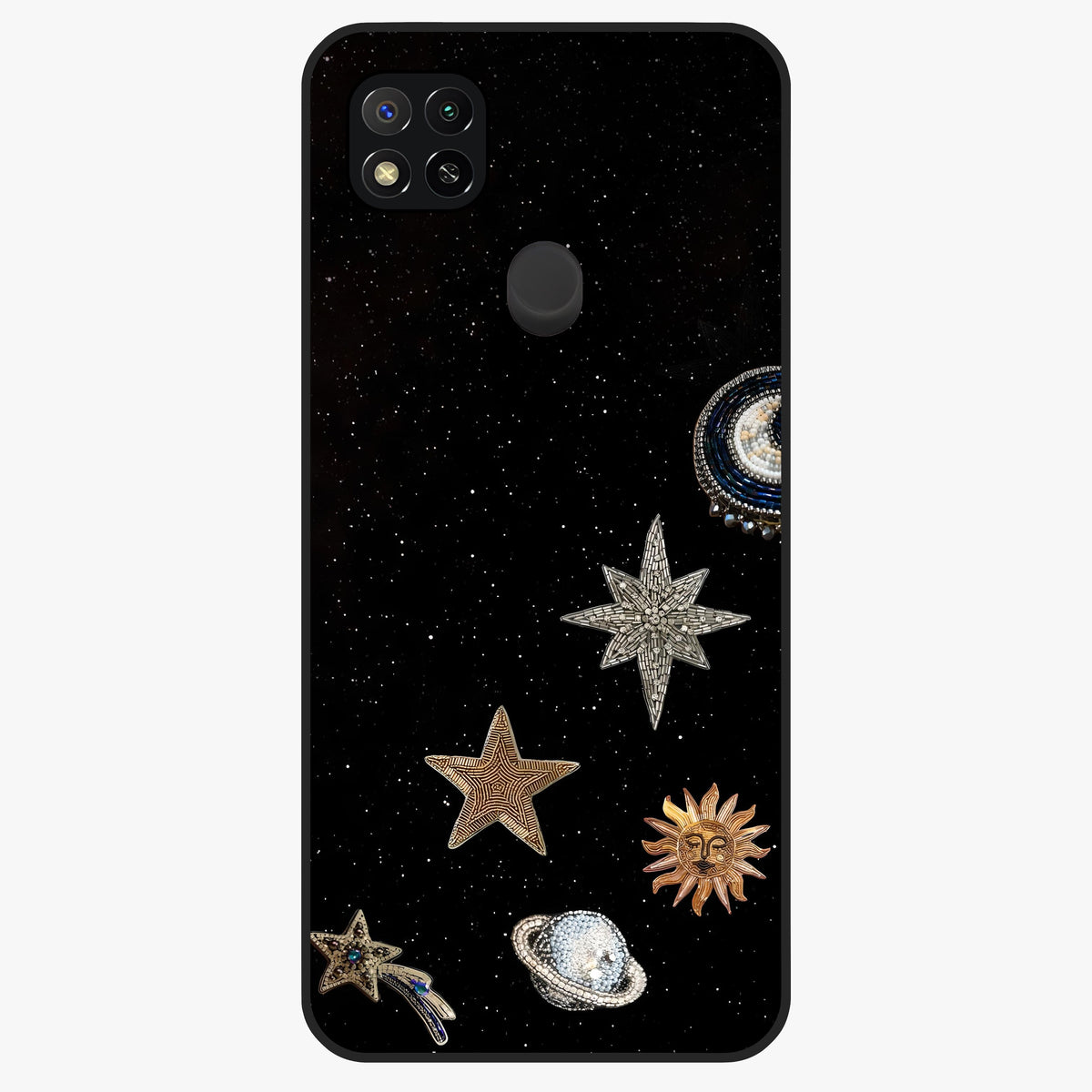 Galactic Charm Glow Glass Case showing flat back view with glowing celestial charm artwork and glossy glass finish.