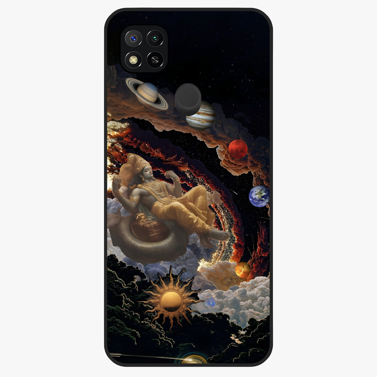 Galactic Divine God Glass Case showing flat back view with divine cosmic themed artwork and glossy glass finish.