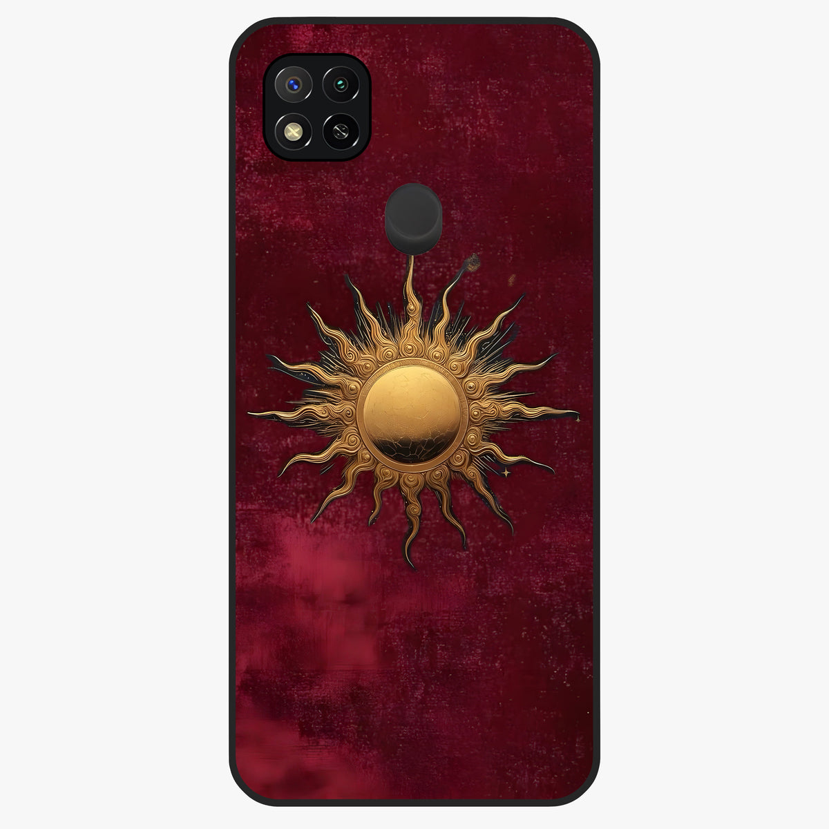 Golden Celestial Charm Glass Case showing flat back view with golden celestial charm artwork and glossy glass finish.