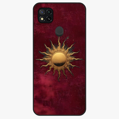 Golden Celestial Charm Glass Case showing flat back view with golden celestial charm artwork and glossy glass finish.
