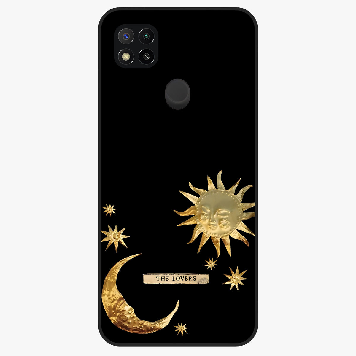 Golden Evil Eye Mandala Glass Case showing flat back view with intricate evil eye mandala artwork and glossy glass finish.