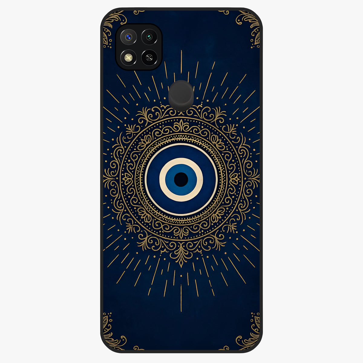 Golden Floral Majesty Glass Case showing flat back view with luxurious golden floral artwork and glossy glass finish.