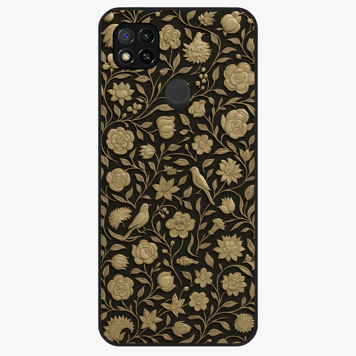 Golden Lotus Glow Glass Case showing flat back view with glowing lotus flower artwork and glossy glass finish.