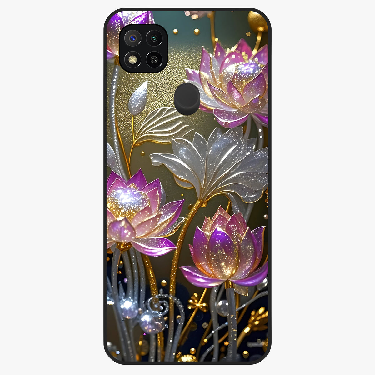 Golden Royal Heritage Glass Case showing flat back view with ornate royal pattern artwork and glossy glass finish.