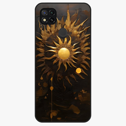 Golden Sun Minimalism Glass Case showing flat back view with minimal golden sun artwork and glossy glass finish.