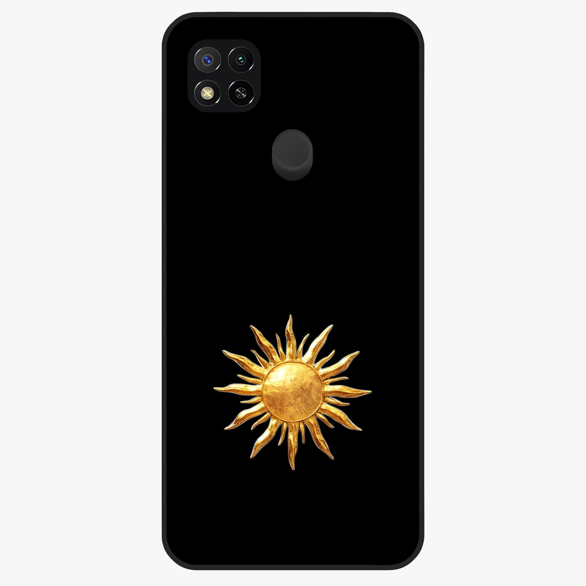 Gold Sun Blush Glass Case showing flat back view with golden sun inspired artwork and glossy glass finish.
